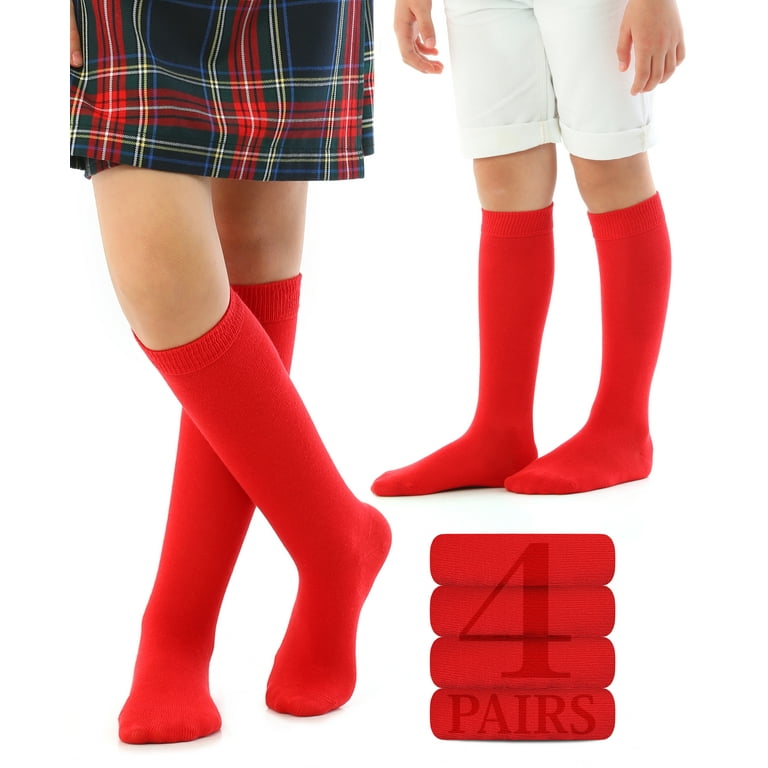 Hugh Ugoli Knee High Cotton Socks for Kids Girls Boys & Toddlers, Long School Uniform Socks, Soft & Comfortable,Red, 12-14 Years Old, 4 Pairs, Kids