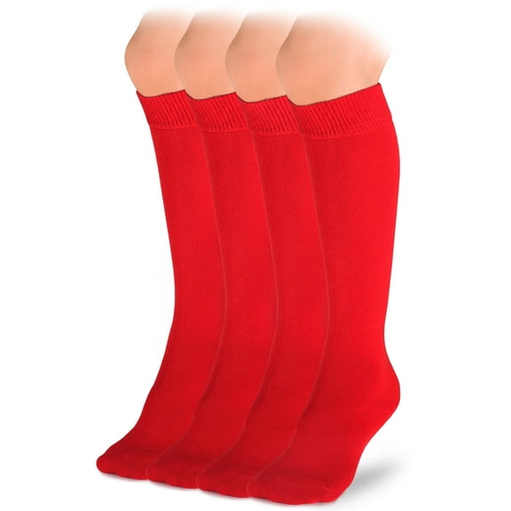 HUGH UGOLI Knee High Cotton Socks for Kids Girls Boys & Toddlers, Long School Uniform Socks, Soft & Comfortable,Red, 7-8 Years Old, 4 Pairs