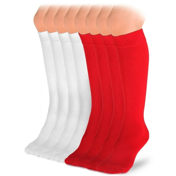 HUGH UGOLI Knee High Cotton Socks for Kids Girls Boys & Toddlers, Long School Uniform Socks, Soft & Comfortable,Red / White, 9-11 Years Old, 8 Pairs