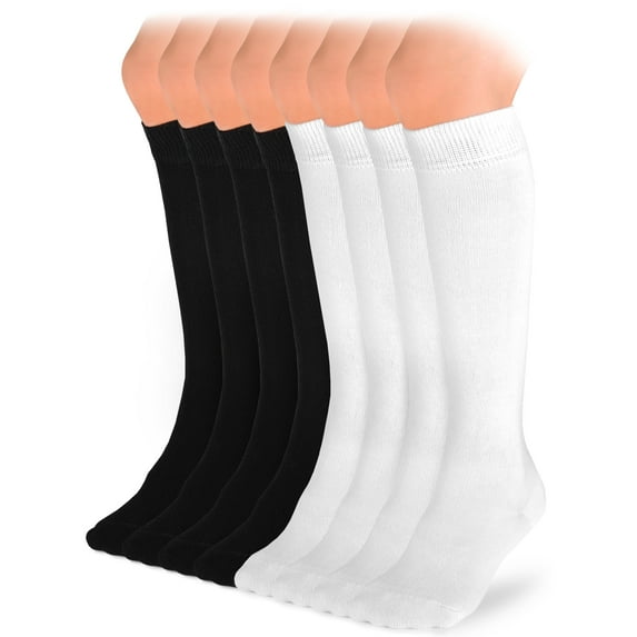 HUGH UGOLI Knee High Cotton Socks for Kids Girls Boys & Toddlers, Long School Uniform Socks, Soft & Comfortable,White/ Black, 9-11 Years Old, 8 Pairs