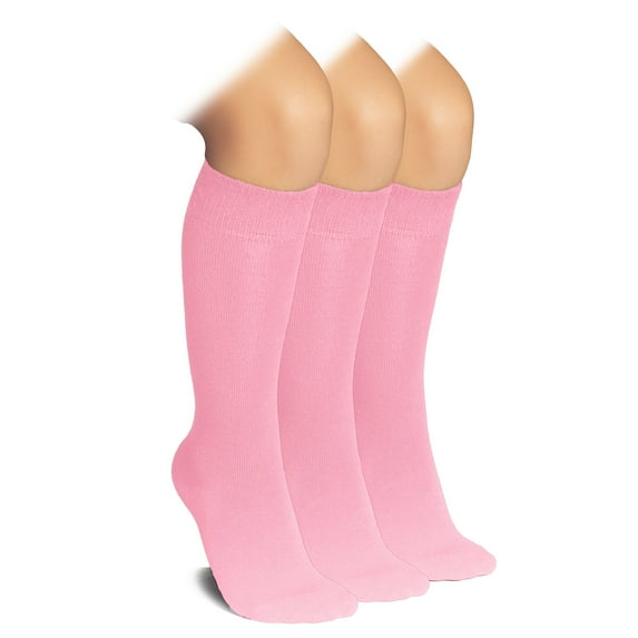 HUGH UGOLI Knee High Socks for Kids Girls Boys & Toddlers, Solid Color Long School Uniform Socks, Soft Breathable & Comfortable Bamboo Socks 3-14 Years Old | 3 Pairs | Pink | 5-6 Years