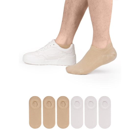 HUGH UGOLI Men Bamboo No Show Socks | Non Slip Invisible Liner Socks | Soft, Thin & Seamless Low Cut Socks | Beige / White|Shoe Size 11-13| 6 Pairs