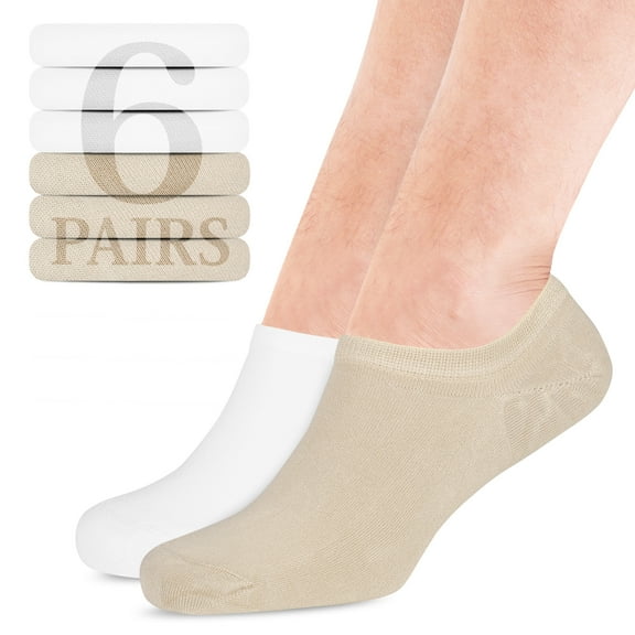 HUGH UGOLI Men Bamboo No Show Socks | Non Slip Invisible Liner Socks | Soft, Thin & Seamless Low Cut Socks | Beige / White|Shoe Size 11-13| 6 Pairs