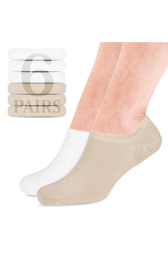 Men Bamboo No Show Socks | Non Slip Invisible Liner Socks | Soft, Thin & Seamless Low Cut Socks | Beige / White|Shoe Size 8-11| 6 Pairs