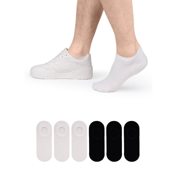 HUGH UGOLI Men Bamboo No Show Socks | Non Slip Invisible Liner Socks | Soft, Thin & Seamless Low Cut Socks | White / Black|Shoe Size 11-13| 6 Pairs