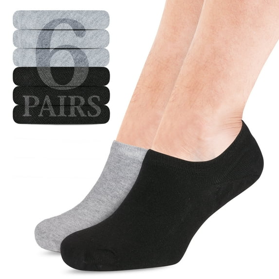 HUGH UGOLI Men Bamboo No Show Socks | Non Slip Invisible Liner Socks | Soft, Thin & Seamless Low Cut Socks | Black / Light Gray|Shoe Size 8-11| 6 Pairs