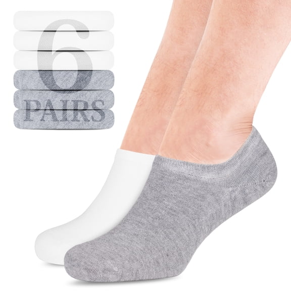 HUGH UGOLI Men Bamboo No Show Socks | Non Slip Invisible Liner Socks | Soft, Thin & Seamless Low Cut Socks | Light Gray / White|Shoe Size 11-13| 6 Pairs