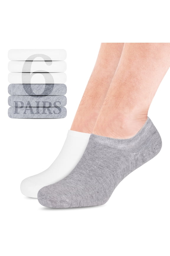 Men Bamboo No Show Socks | Non Slip Invisible Liner Socks | Soft, Thin & Seamless Low Cut Socks | Light Gray / White|Shoe Size 8-11| 6 Pairs