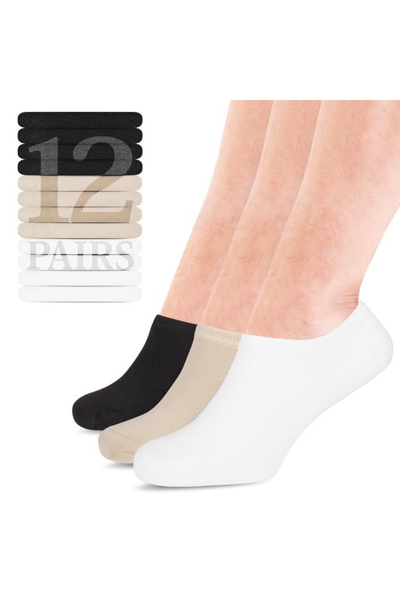 Men Bamboo No Show Socks | Non Slip Invisible Liner Socks | Soft, Thin & Seamless Low Cut Socks | White / Beige / Black|Shoe Size 11-13| 12 Pairs