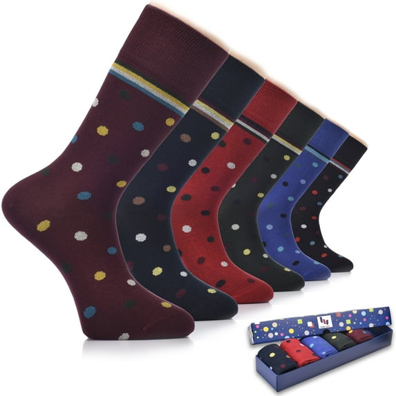 HUGH UGOLI Men Cotton Dress Socks for Business, Trouser | Patterned, Colorful Crew Socks in Gift Box, 6 Pairs, Dotted, Shoe Size: 7-12