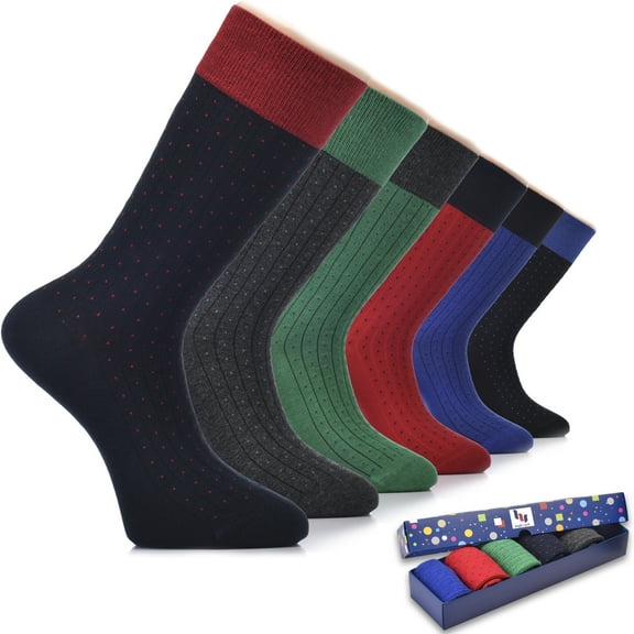 HUGH UGOLI Men Cotton Dress Socks for Business, Trouser | Patterned, Colorful Crew Socks in Gift Box, 6 Pairs, Highway, Shoe Size: 7-12