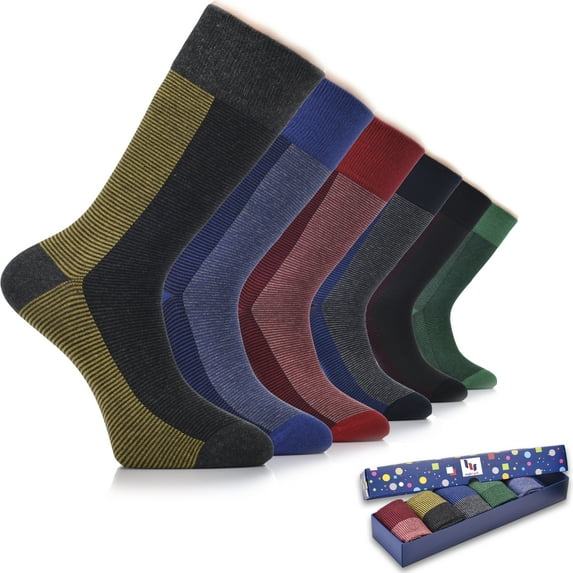 HUGH UGOLI Men Cotton Dress Socks for Business, Trouser | Patterned, Colorful Crew Socks in Gift Box, 6 Pairs, Thin Stripe, Shoe Size: 7-12