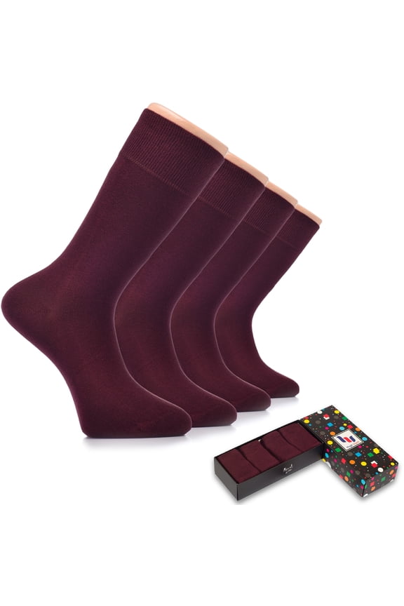 Men's Bamboo Dress Socks for Business & Trouser, Thin & Seamless Crew Socks, 4 Pairs with Gift Box, Shoe Size 8-12, Burgundy, Shoe Size: 8-12