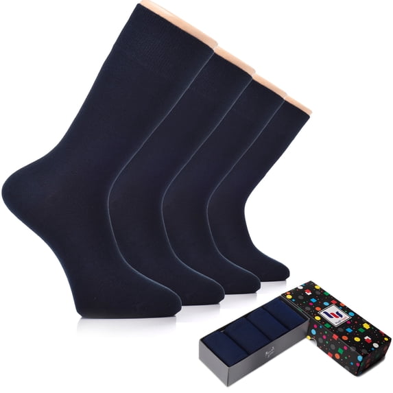 HUGH UGOLI Men's Bamboo Dress Socks for Business & Trouser, Thin & Seamless Crew Socks, 4 Pairs with Gift Box, Shoe Size 8-12, Navy Blue, Shoe Size: 8-12