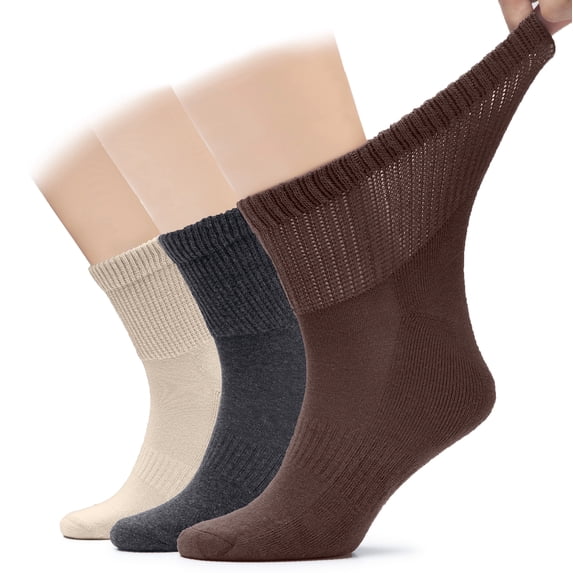 HUGH UGOLI Men's Cotton Diabetic Ankle Socks, Wide, Loose and Stretchy, Seamless Toe & Non Binding Top, Semi Cushion, 3 Pairs, Light Beige/Dark Grey/Brown, Shoe Size: 8-11