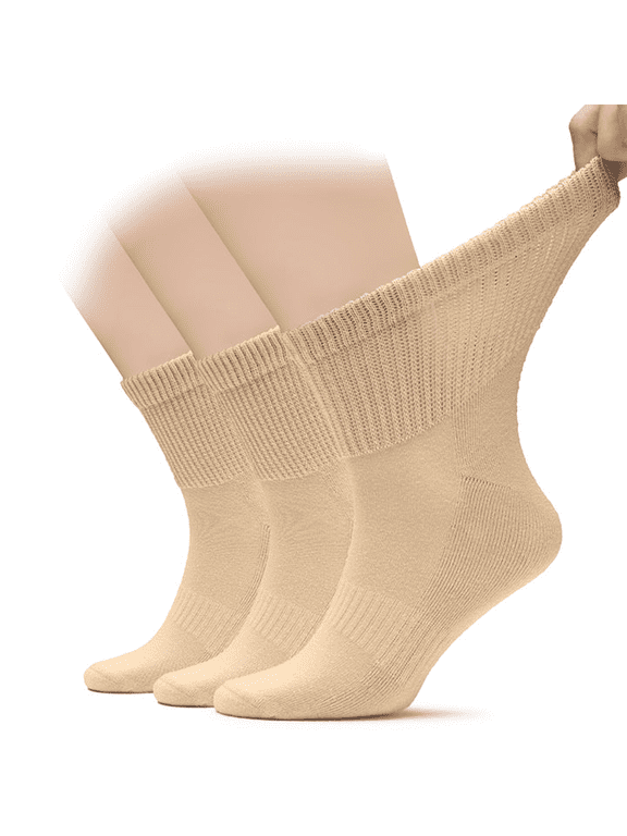 Men's Cotton Diabetic Ankle Socks, Wide & Loose and Stretchy, Seamless Toe, Non Binding Top, Semi Cushion, 3 Pairs, Medium Beige, Shoe Size: 8-11