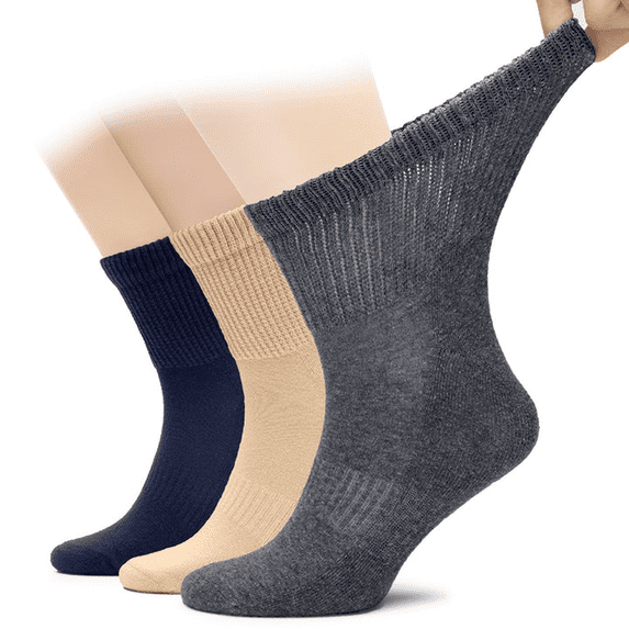 Hugh Ugoli Men's Cotton Diabetic Ankle Socks, Wide & Loose and Stretchy, Seamless Toe, Non Binding Top, Semi Cushion, 3 Pairs, Melange Grey/M.Beige/Navy Blue, Shoe Size: 8-11