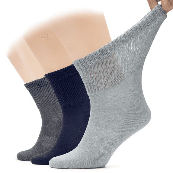 HUGH UGOLI Men's Cotton Diabetic Ankle Socks, Wide, Loose and Stretchy, Seamless Toe & Non Binding Top, Semi Cushion, 3 Pairs, Melange Grey/Navy Blue/Light Grey, Shoe Size: 8-11