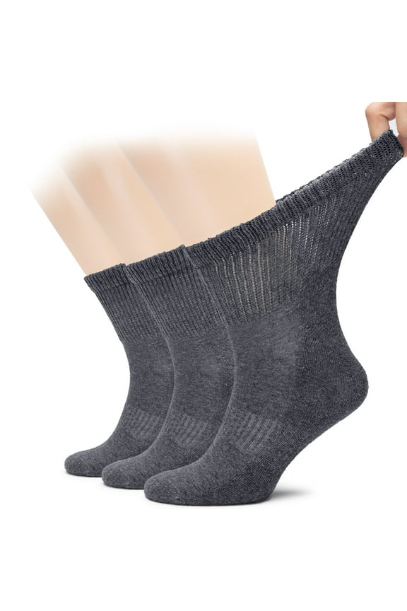 Men's Cotton Diabetic Ankle Socks, Wide, Loose and Stretchy, Seamless Toe & Non Binding Top, Semi Cushion, 3 Pairs, Melange Grey, Shoe Size: 8-11