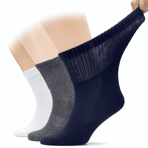 Hugh Ugoli Men's Cotton Ankle Diabetic Socks, Loose, Wide Stretchy, Seamless Toe & Non Binding Top, Semi Cushion, 3 Pairs, White/Melange Grey/Navy Blue, Shoe Size: 8-11