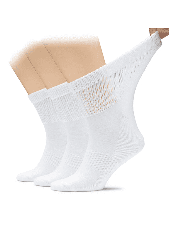 Men's Cotton Diabetic Ankle Socks, Wide & Loose and Stretchy, Seamless Toe, Non Binding Top, Semi Cushion, 3 Pairs, White, Shoe Size: 11-13