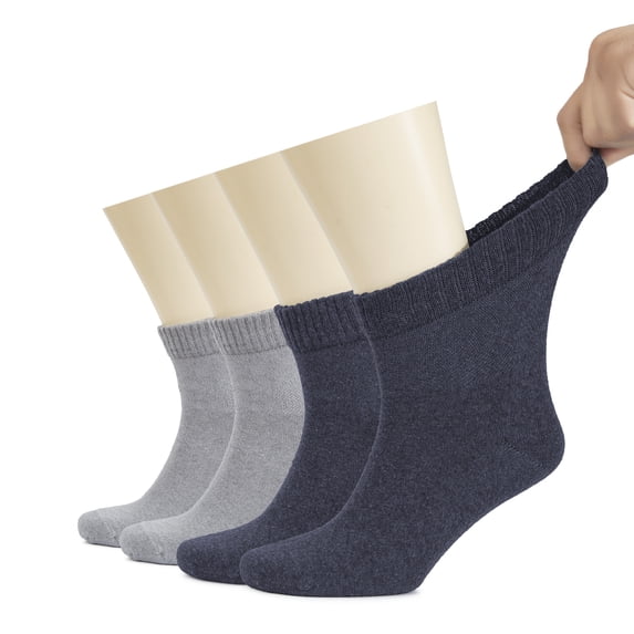 Hugh Ugoli Men's Cotton Diabetic Ankle Socks, 4 Pairs, Indigo Blue / LightGrey, Shoe Size: 11-13