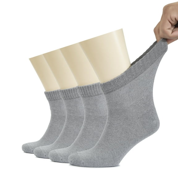 HUGH UGOLI Men's Cotton Diabetic Ankle Socks, Wide, Thin, Loose Fit and Stretchy, Seamless Toe & Non Binding Top, 4 Pairs, Light Grey, Shoe Size: 11-13