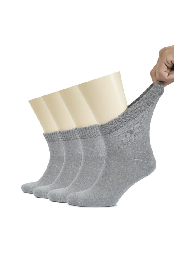 Men's Cotton Diabetic Ankle Socks, Wide, Thin, Loose Fit and Stretchy, Seamless Toe & Non Binding Top, 4 Pairs, Light Grey, Shoe Size: 11-13