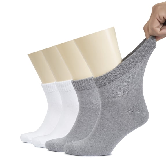 Hugh Ugoli Men's Cotton Diabetic Ankle Socks, 4 Pairs, LightGrey / White, Shoe Size: 8-11