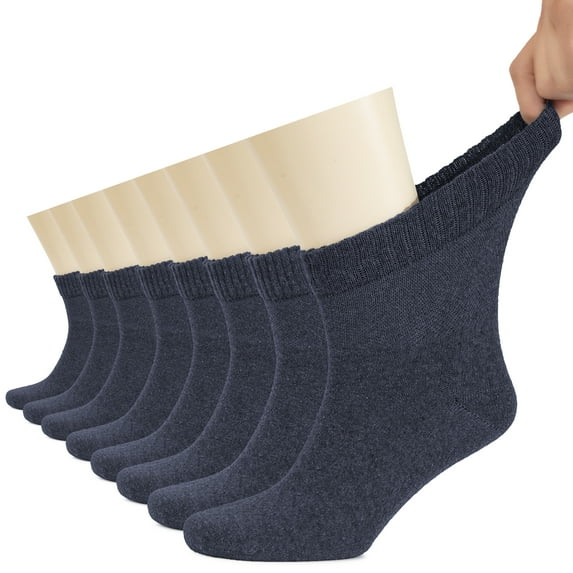 HUGH UGOLI Men's Cotton Diabetic Ankle Socks, Wide, Thin, Loose Fit and Stretchy, Seamless Toe & Non Binding Top, 8 Pairs, Indigo Blue, Shoe Size: 8-11