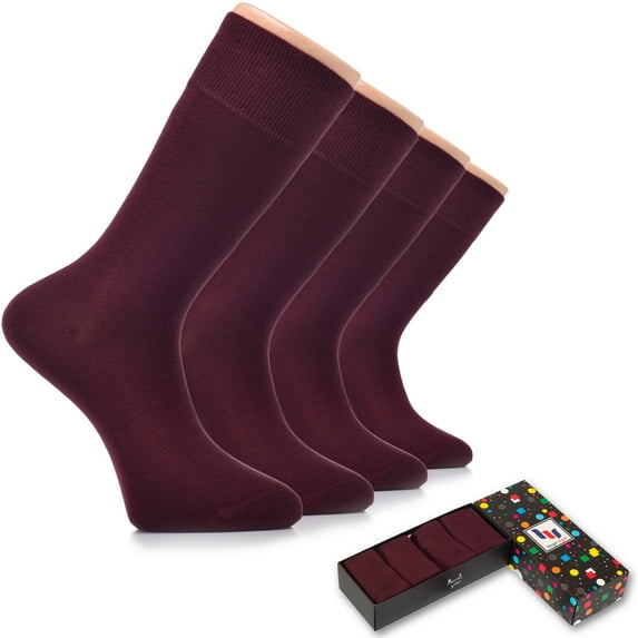 HUGH UGOLI Men's Cotton Dress Socks for Business & Trouser, Thin & Seamless Crew Socks, 4 Pairs with Gift Box, Shoe Size 8-12, Burgundy, Shoe Size: 8-12
