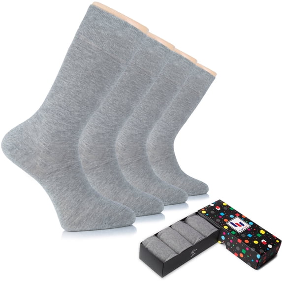 HUGH UGOLI Men's Cotton Dress Socks for Business & Trouser, Thin & Seamless Crew Socks, 4 Pairs with Gift Box, Shoe Size 8-12, Melange Grey, Shoe Size: 8-12