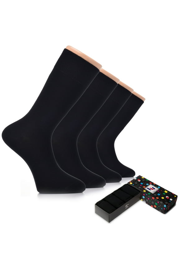 Men's Cotton Dress Socks for Business & Trouser, Thin & Seamless Crew Socks, 4 Pairs with Gift Box, Shoe Size 8-12, Black, Shoe Size: 8-12