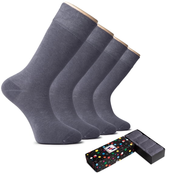 HUGH UGOLI Men's Cotton Dress Socks for Business & Trouser, Thin & Seamless Crew Socks, 4 Pairs with Gift Box, Shoe Size 8-12, Grey, Shoe Size: 8-12