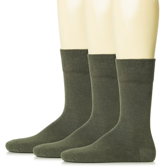 HUGH UGOLI Mens Cotton Dress Socks | Plain Colors, Regular Fit, Crew, Casual Socks | 3 Pack, Army Green, Shoe Size: 6-8