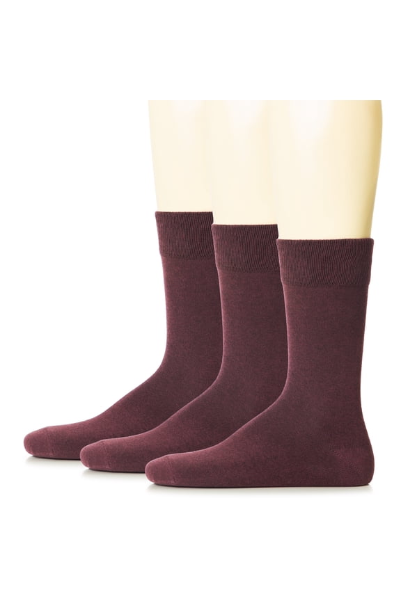 Mens Cotton Dress Socks | Plain Colors, Regular Fit, Crew, Casual Socks | 3 Pack, Burgundy, Shoe Size: 6-8