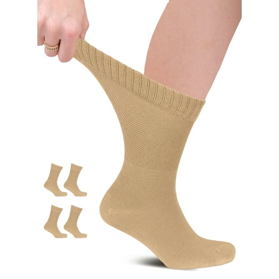 HUGH UGOLI Unisex Cotton Diabetic Crew Socks, Beige, Large, Shoe Size: US 9-12 for Women & US 8-11 for Men, 4 Pairs