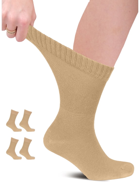 Mens Cotton Diabetic Crew Socks, Beige, X-Large, Shoe Size: US 12-14 for Women & US 11-13 for Men, 4 Pairs