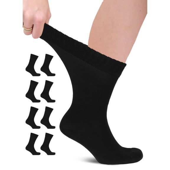 HUGH UGOLI Unisex Cotton Diabetic Crew Socks, Black, Large, Shoe Size: US 9-12 for Women & US 8-11 for Men, 8 Pairs