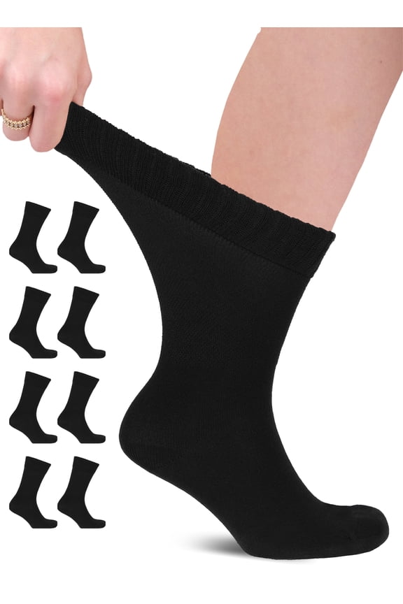 Unisex Cotton Diabetic Crew Socks, Black, Large, Shoe Size: US 9-12 for Women & US 8-11 for Men, 8 Pairs
