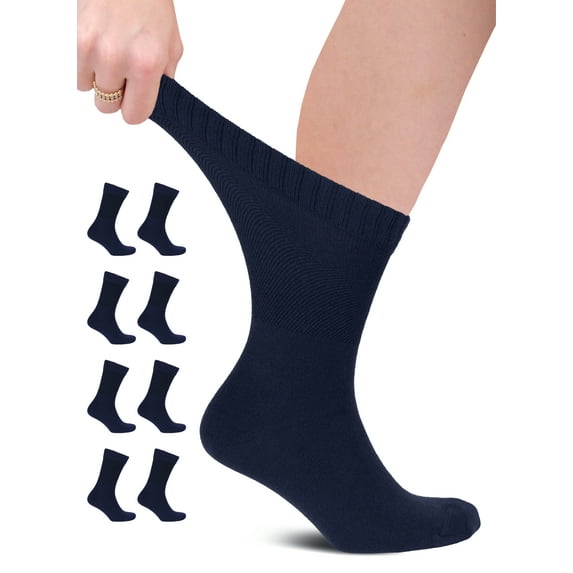 HUGH UGOLI Unisex Cotton Diabetic Crew Socks, Navy Blue, X-Large, Shoe Size: US 12-14 for Women & US 11-13 for Men, 8 Pairs