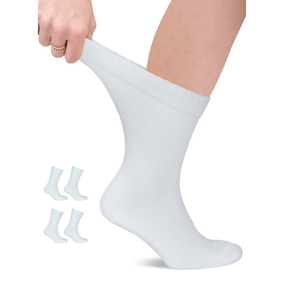 HUGH UGOLI Unisex Cotton Diabetic Crew Socks, White, X-Large, Shoe Size: US 12-14 for Women & US 11-13 for Men, 4 Pairs