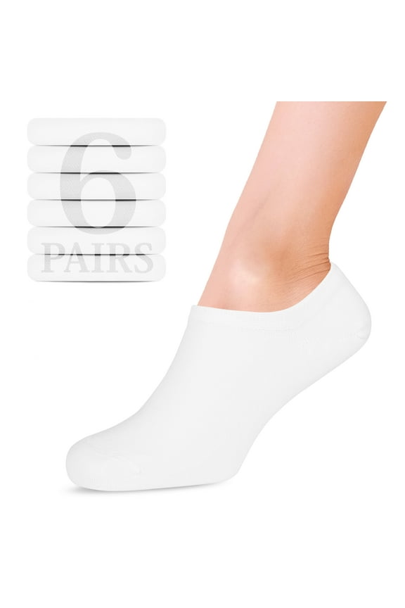Women Bamboo No Show Socks | Non Slip Invisible Liner Socks | Soft, Thin & Seamless Low Cut Socks | White | Shoe Size 6-9 | 6 Pairs