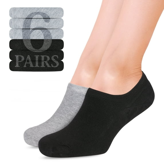 HUGH UGOLI Women Bamboo No Show Socks | Non Slip Invisible Liner Socks | Soft, Thin & Seamless Low Cut Socks | Black / Light Gray | Shoe Size 9-12 | 6 Pairs