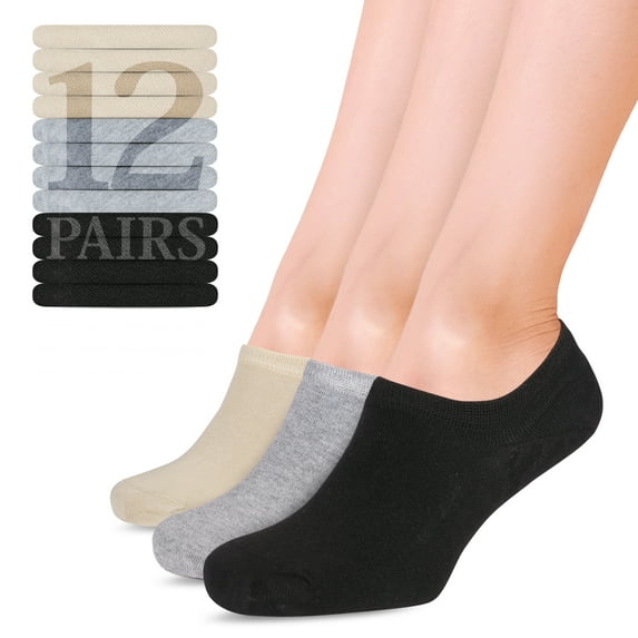 HUGH UGOLI Women Bamboo No Show Socks | Non Slip Invisible Liner Socks | Soft, Thin & Seamless Low Cut Socks | Light Gray / Beige / Black | Shoe Size 6-9 | 12 Pairs