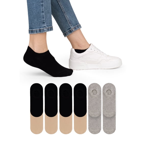 HUGH UGOLI Women Bamboo No Show Socks | Non Slip Invisible Liner Socks | Soft, Thin & Seamless Low Cut Socks | Black / Light Gray | Shoe Size 6-9 | 6 Pairs