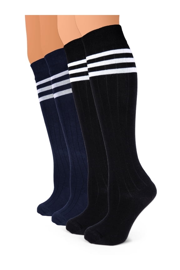Women Cotton Knee High Socks with 3 Stripes, Long Dress School Uniform Socks for Girls, Boot Socks, Shoe Size 5-8, Black / Navy Blue, 4 Pairs