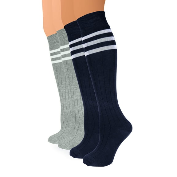 HUGH UGOLI Women Cotton Knee High Socks with 3 Stripes, Long Dress School Uniform Socks for Girls, Boot Socks, Shoe Size 5-8, Navy Blue / Light grey, 4 Pairs