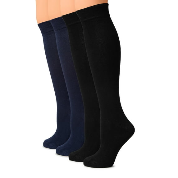 Hugh Ugoli Knee High Socks 4 Pairs Breathable Cotton for Women & Girls Shoe Size 5-8 Black Navy Blue