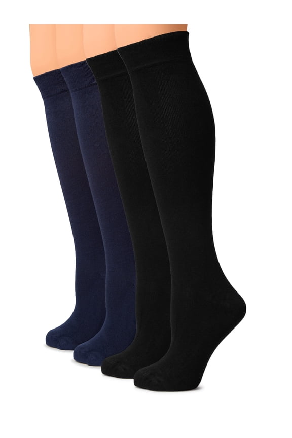 Women Cotton Knee High Socks, Long Dress School Uniform Socks for Girls, Soft & Lightweight Boot Socks, Shoe Size: 5-8, Black / Navy Blue, 4 Pairs